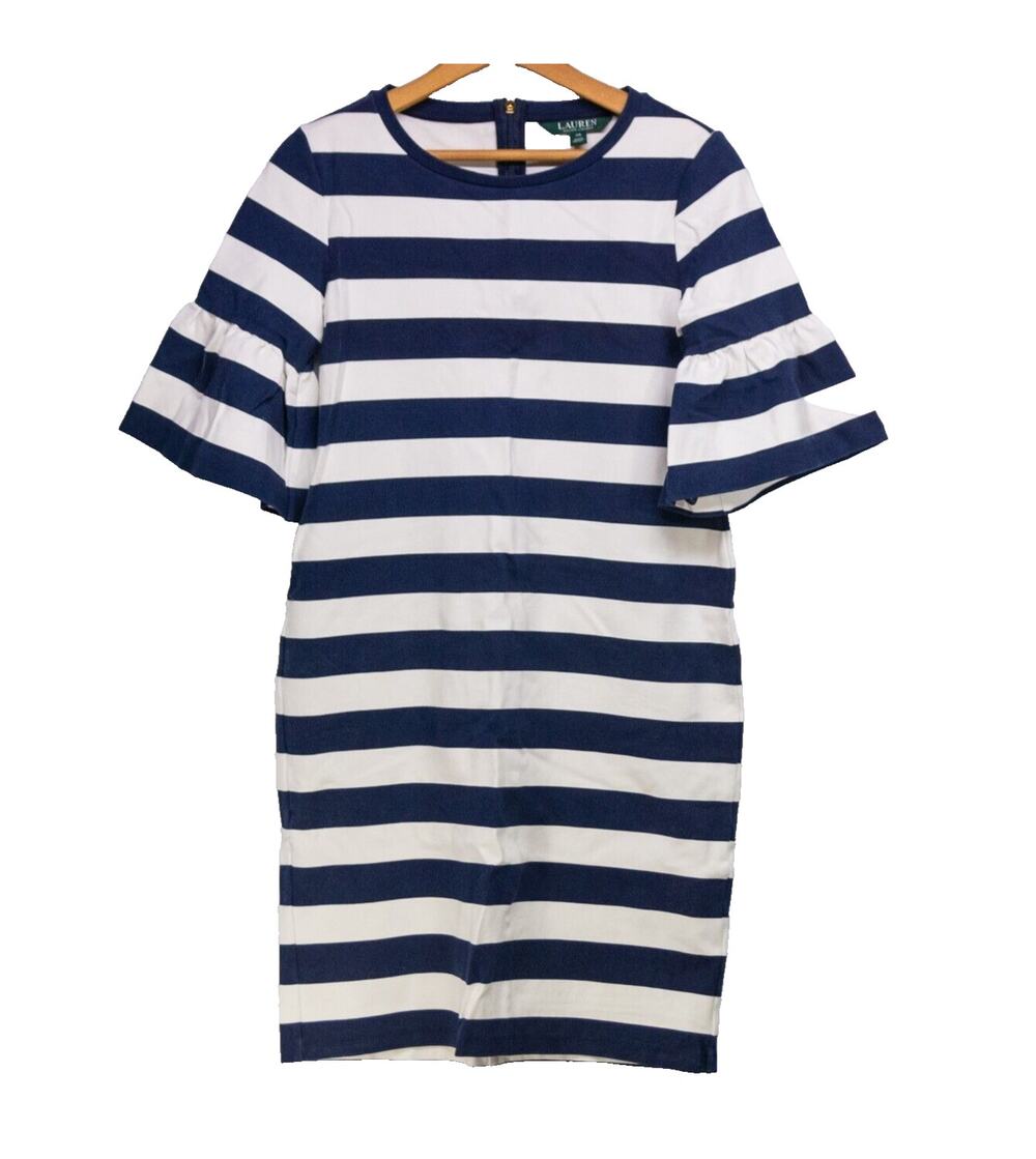 Lauren Ralph Lauren Striped Bell Sleeve Shift Dress XS Navy White Nautical